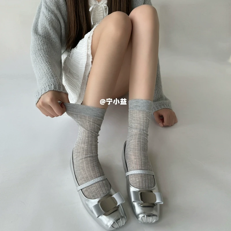 宁小益宽边竖条纹中筒袜子女春夏季薄款jk堆堆袜微透日系灰色短袜