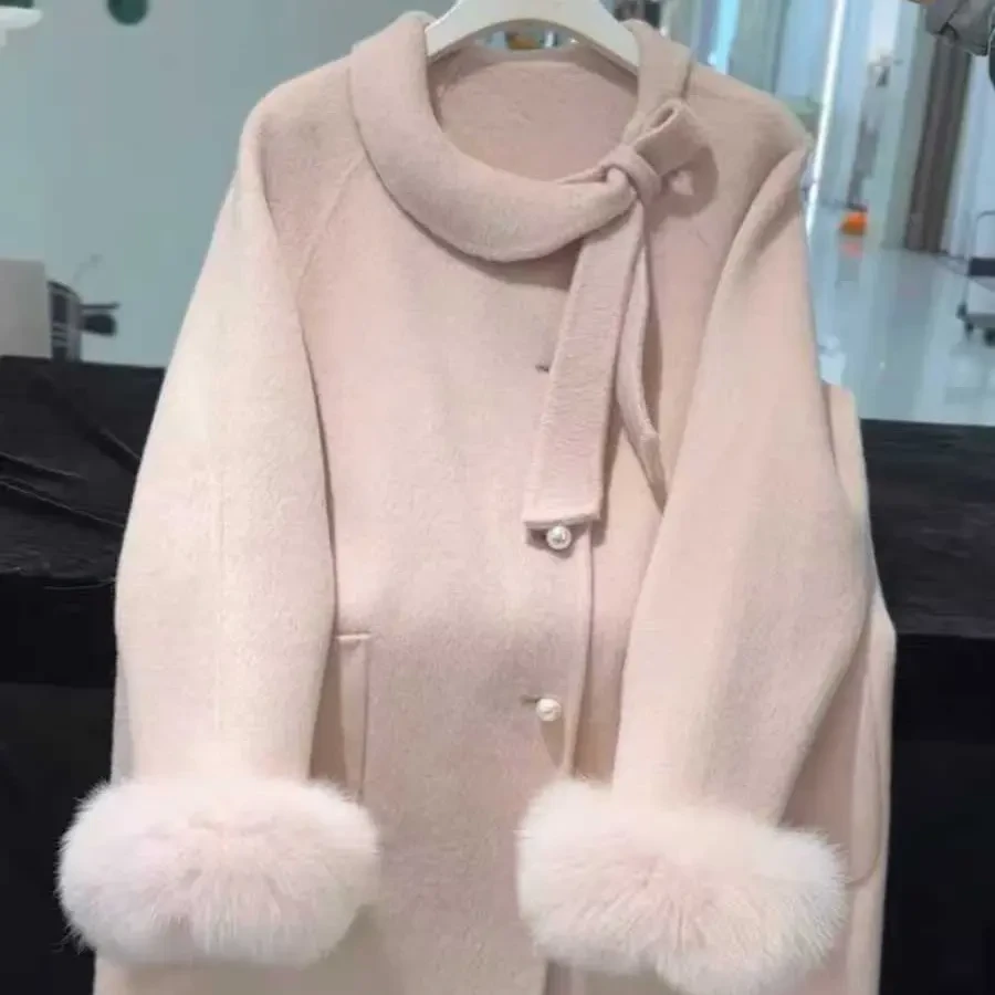 秋冬季新款白色甜美赫本风双面中长款气质毛呢大衣