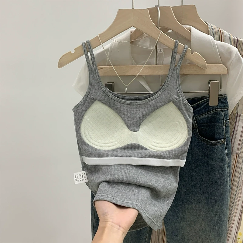灰色带胸垫一体内衣吊带背心女2025春夏季美背遮副乳修身短款上衣