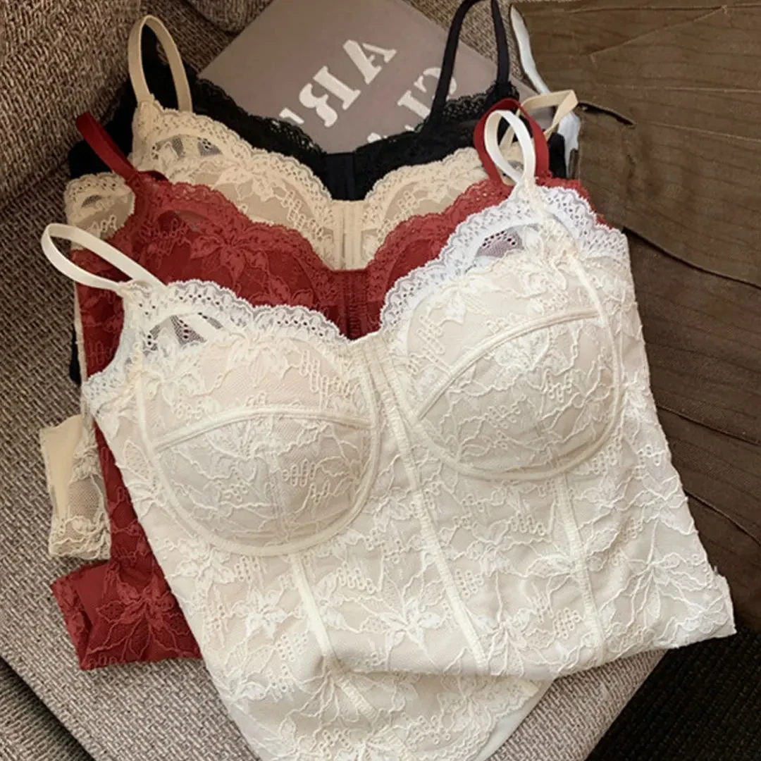 磨毛法式胸衣蕾丝吊带背心女内搭美背文胸一打底带胸垫外穿上衣