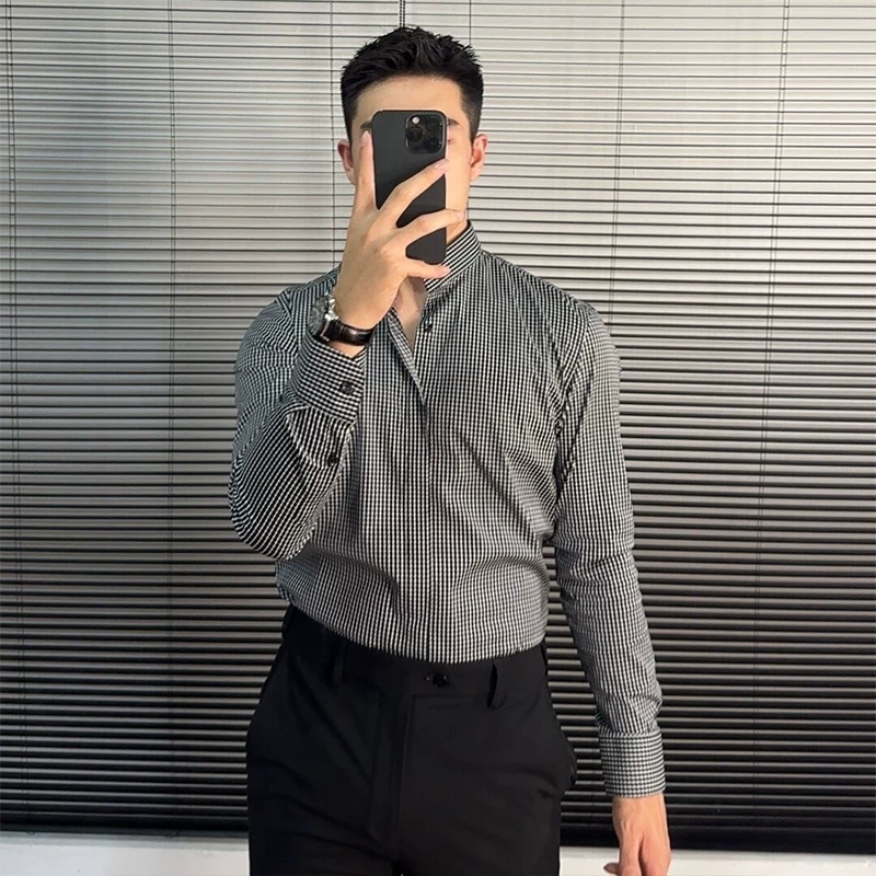 千鸟格子男士衬衫高端商务休闲成熟稳重男装上衣修身黑色长袖衬衣