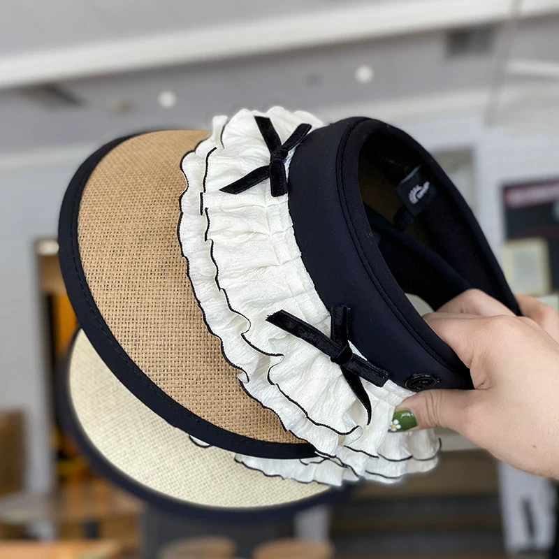 防晒夏季女孩大檐遮阳黑胶空顶帽出游公主儿童草帽太阳帽子亲子夏