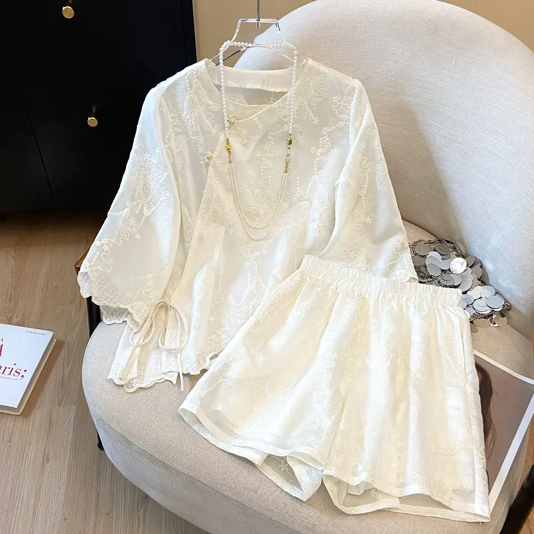 2025夏季新款高端复古新中式国风气质高级感刺绣衬衫短裤两件套装