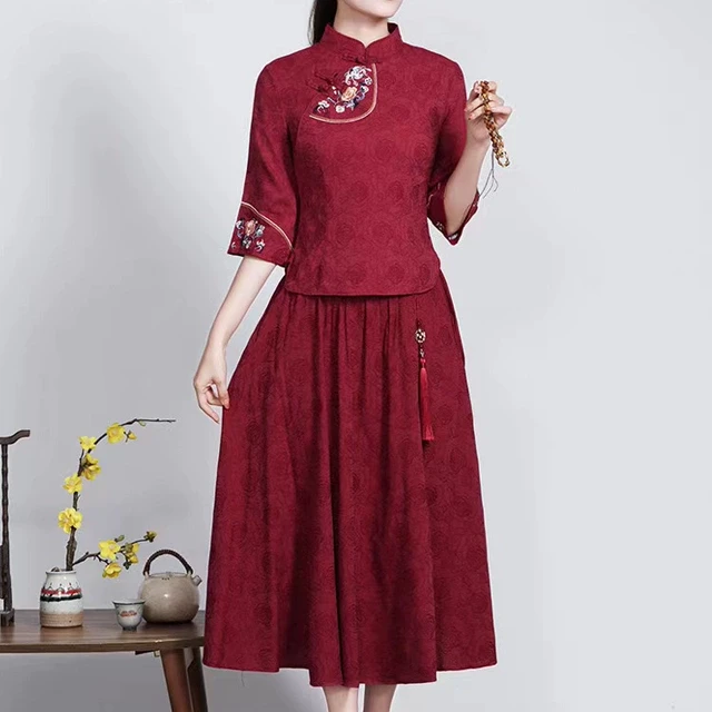 民族风复古盘扣唐装上衣连衣裙女大码中国风绣花改良旗袍汉服套装