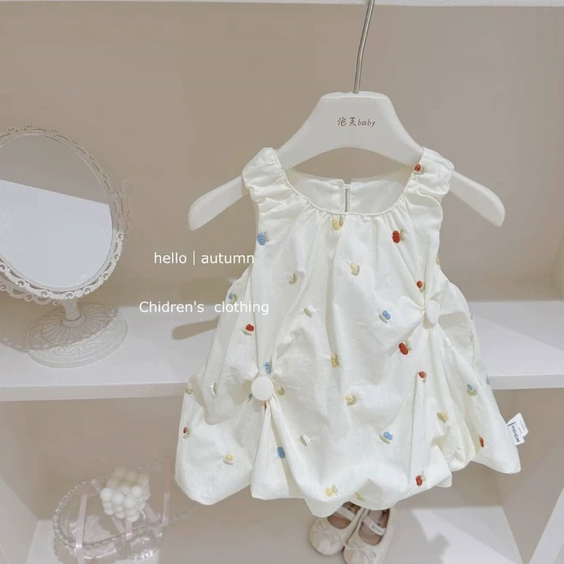 春季夏季新款连衣裙2025甜妹穿搭女童刺绣花苞裙洋气女宝宝背心裙