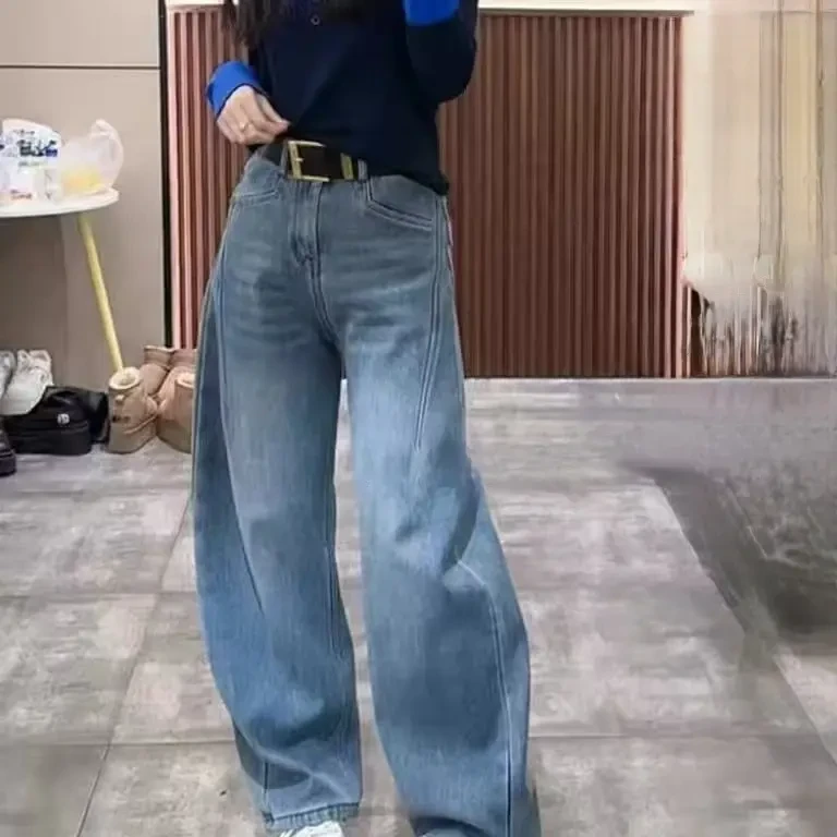 复古高腰加绒阔腿弯刀牛仔裤蓝色休闲时尚设计感水洗