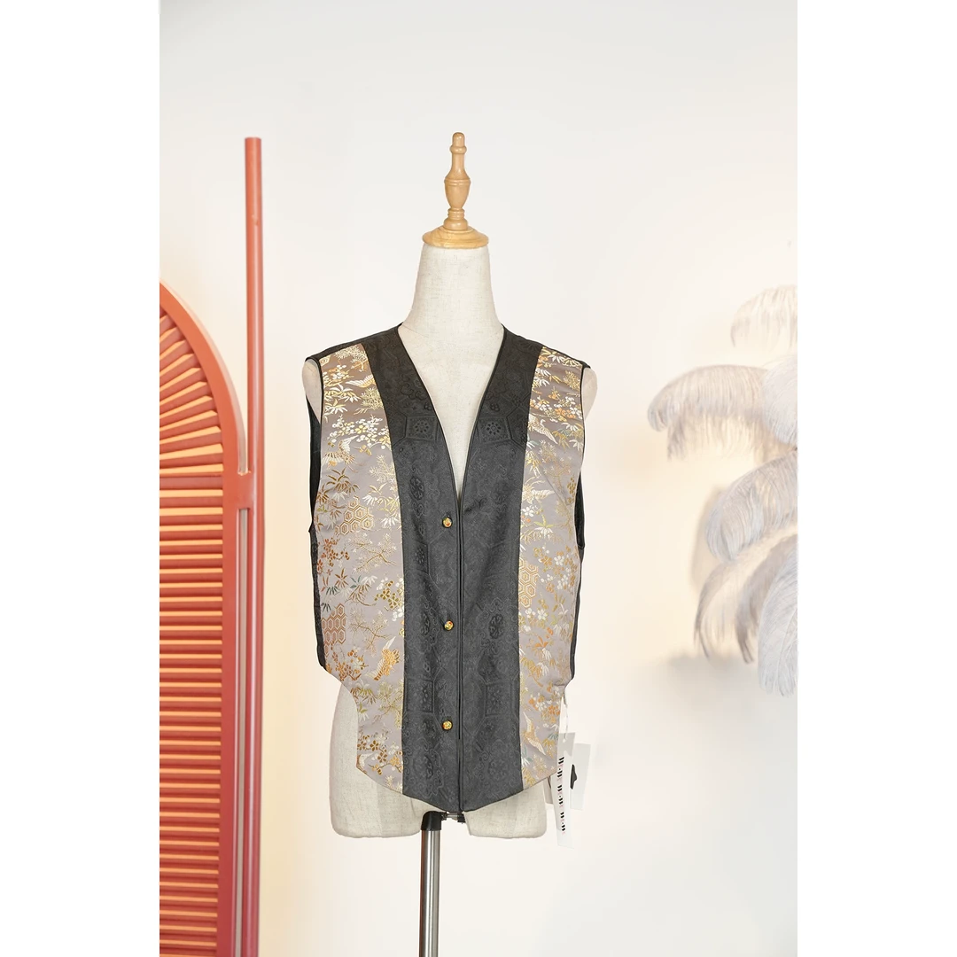 【万象有衣】仙鹤龟甲纹-设计师款手工唐锦香云纱马甲-7819