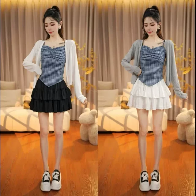 新款不规则下摆短款格子吊带＋纯色薄款开衫2025夏季时尚两件套潮