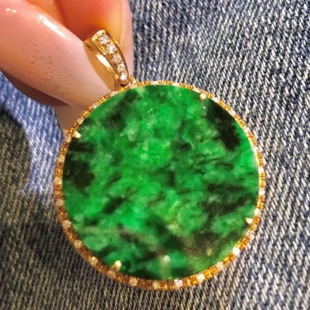 缅甸A货18k金镶钻平安圆牌 满绿满色 经典国潮风精美简约百搭复古
