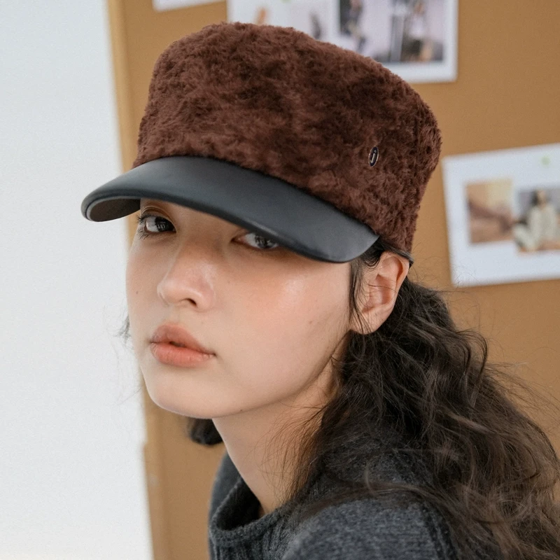 JOJOKUR气质老钱风栗子红棕色毛绒拼皮平顶骑士帽马术帽冬季保暖