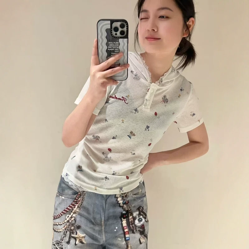 【FD油画小狗蕾丝帽衫】2025夏季新款小香碎花短袖修身上衣女