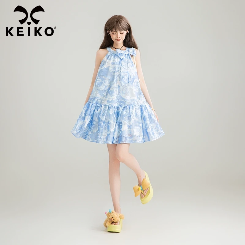 KEIKO 花纹提花欧根纱无袖连衣裙25夏季纯欲蓝色挂脖漂亮小裙子