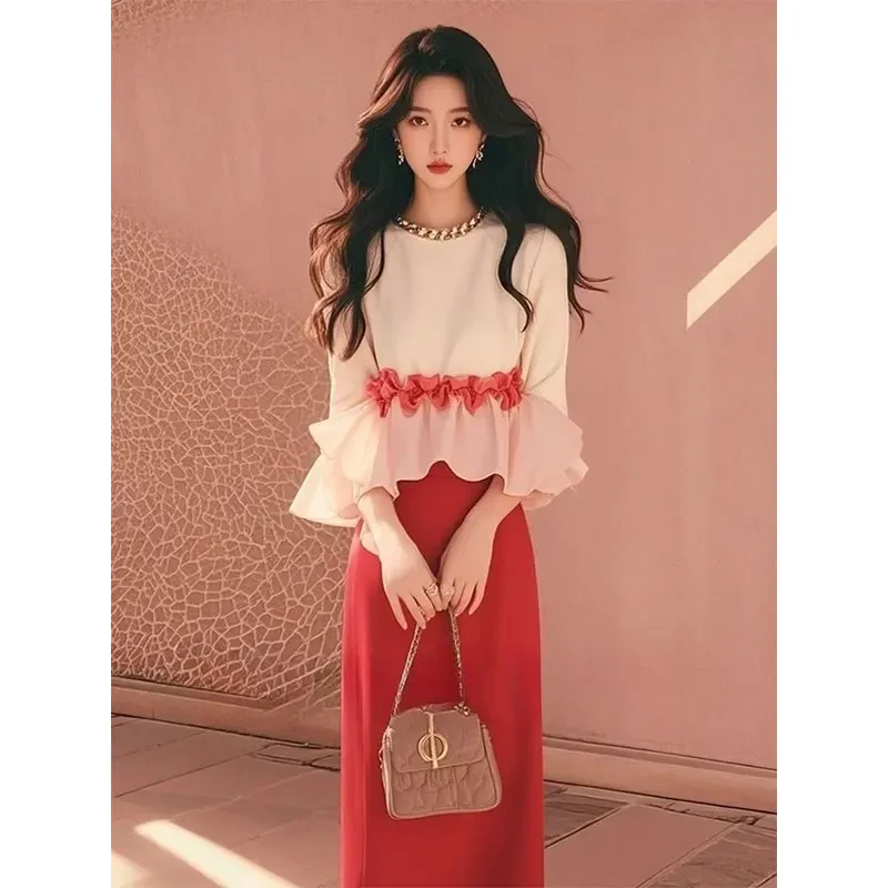 小香风套装2025新款爆款春季洋气荷叶边上衣红色半身裙两件套女装