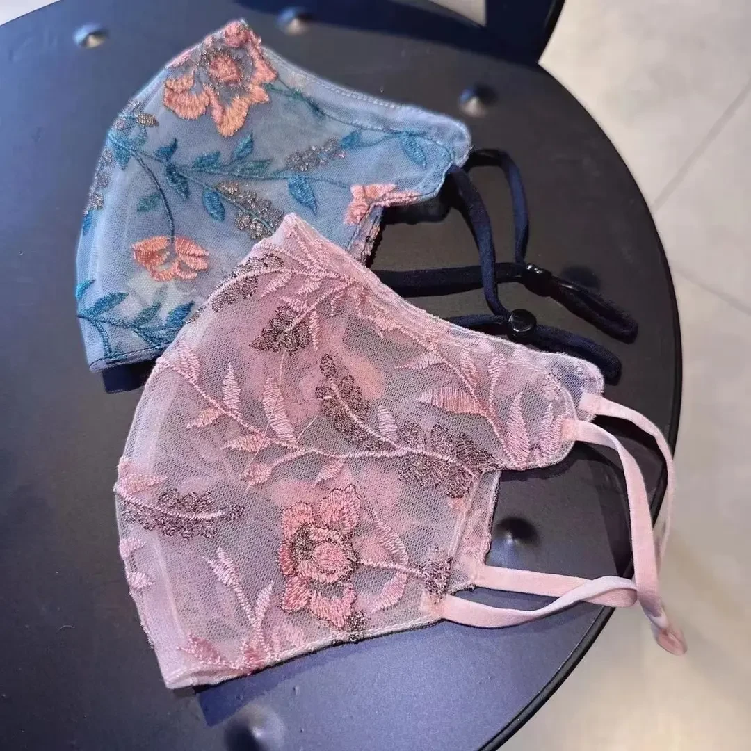 夏季新款高端提花刺绣两层网纱高颜值立体防晒口罩亲肤透气可水洗