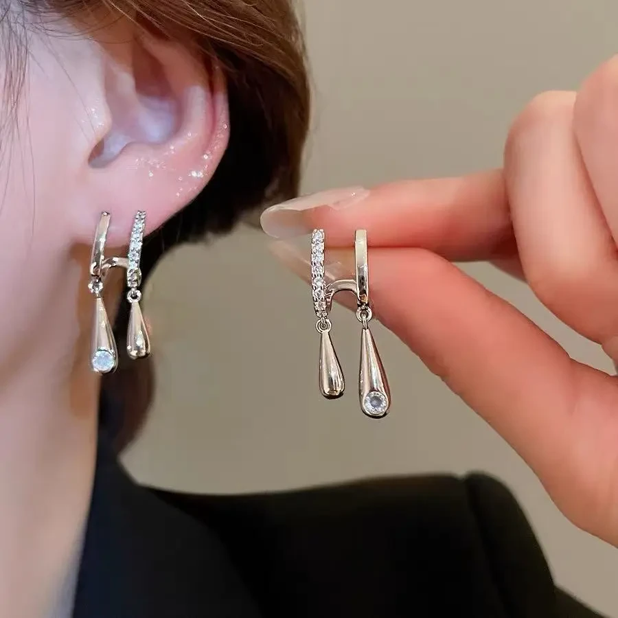 月下轻舞水滴镶钻双层甜美气质小巧耳环灵动精致百搭