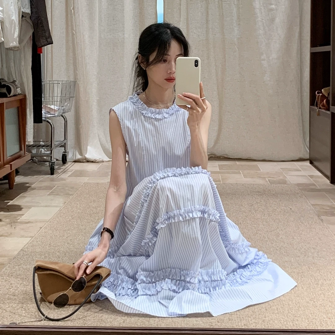 【蓝色条纹木耳边无袖背心连衣裙】女2025夏新甜美减龄a字长裙