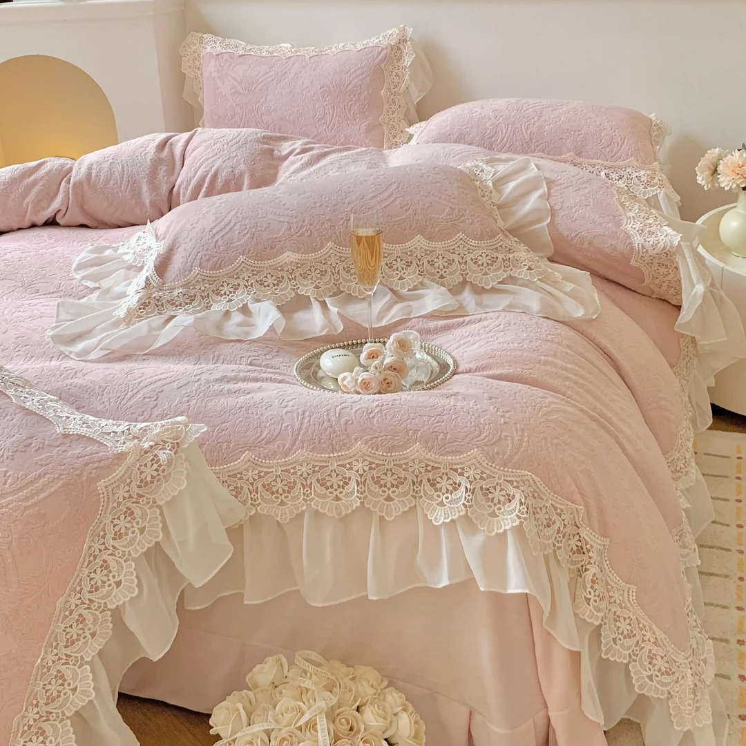 保暖秋冬季加厚法式蕾丝雪纺牛奶绒四件套床品套件床上用品冬季