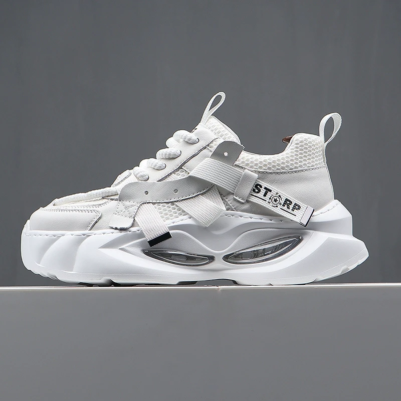 牛皮拼网老爹鞋男2025新款气垫厚底增高夏季透气软底运动鞋子薄款