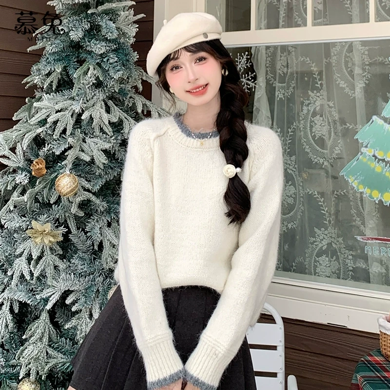慕兔慵懒风软糯毛衣女2024秋季新款高级感宽松灰色小个子针织上衣