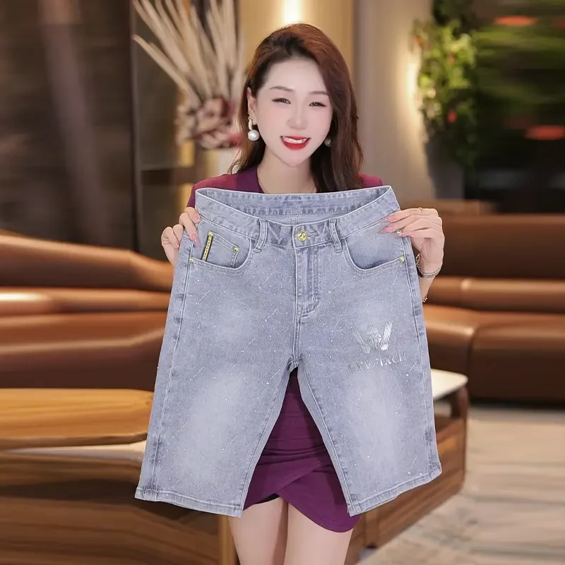 夏季新款满天星男士烫钻五分牛仔中裤时尚修身弹力裤子男显高显瘦