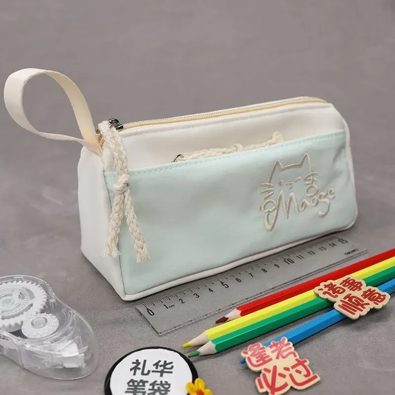 【开学必备】奶白色刺绣小猫笔袋大容量超可爱ins高颜值铅笔盒B970