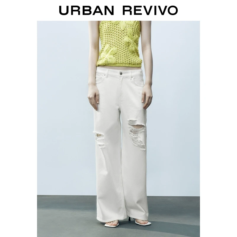 UR2025春季新款女装时尚设计感破洞阔腿休闲长裤UWM850114