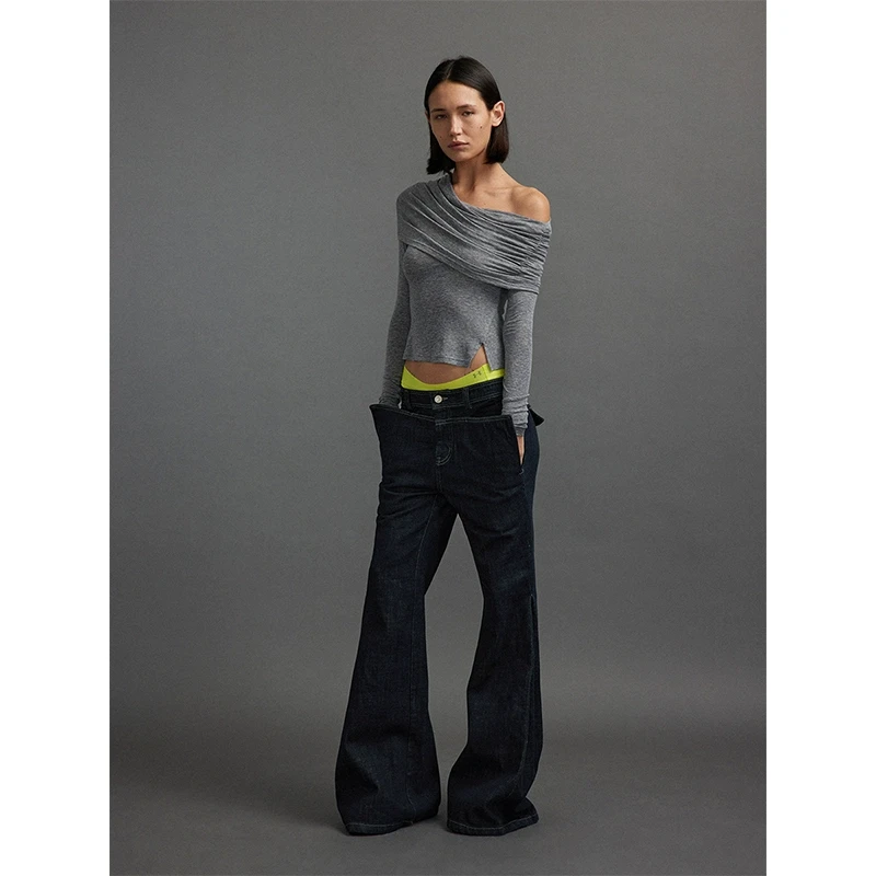 saumple study symp X型飞耳翻袋压褶修身原色牛仔裤