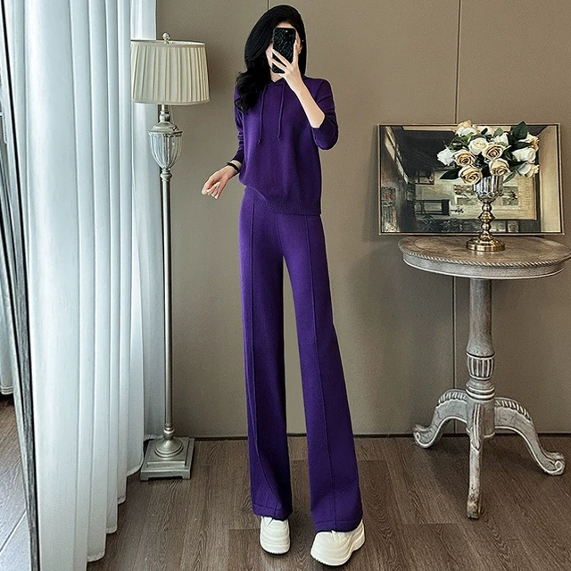 紫色休闲运动套装女春秋季显瘦高级感连帽针织衫垂感直筒裤两件套