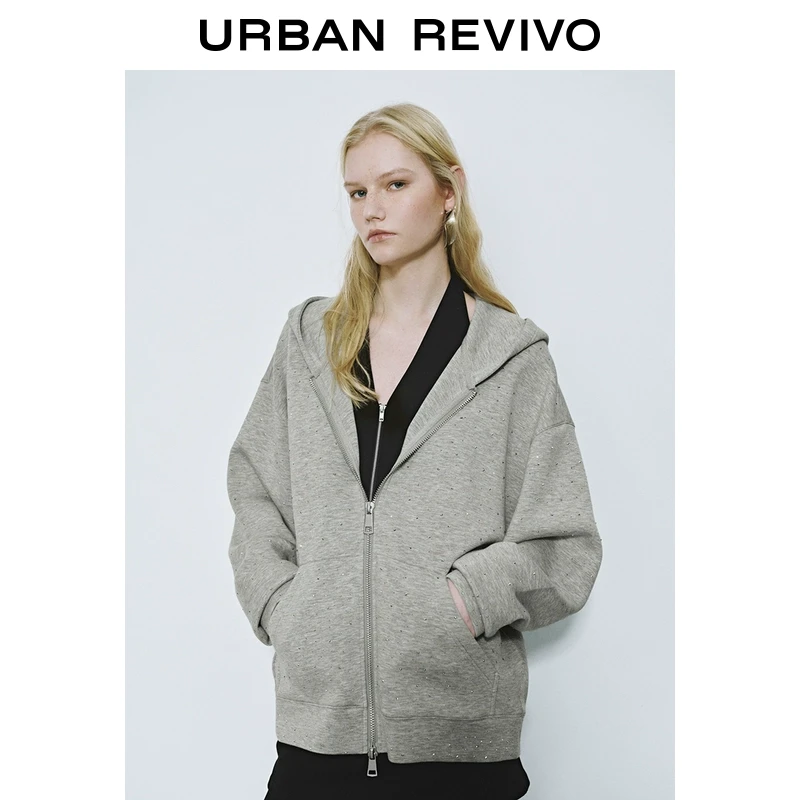 UR2025春季新款女装欧若风连帽双拉链钻饰超宽松外套UWJ150012
