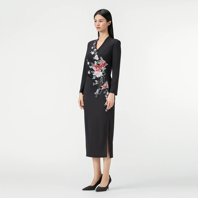 SUSSI/古色25春新品商场同款交插领长袖印花前开衩中长连衣裙显瘦