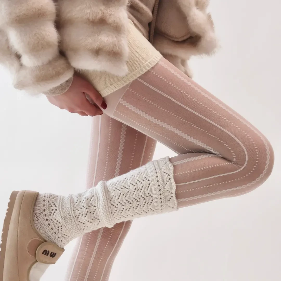 复古麻花条纹蕾丝白色女士丝袜春秋款天鹅绒防勾丝连裤袜