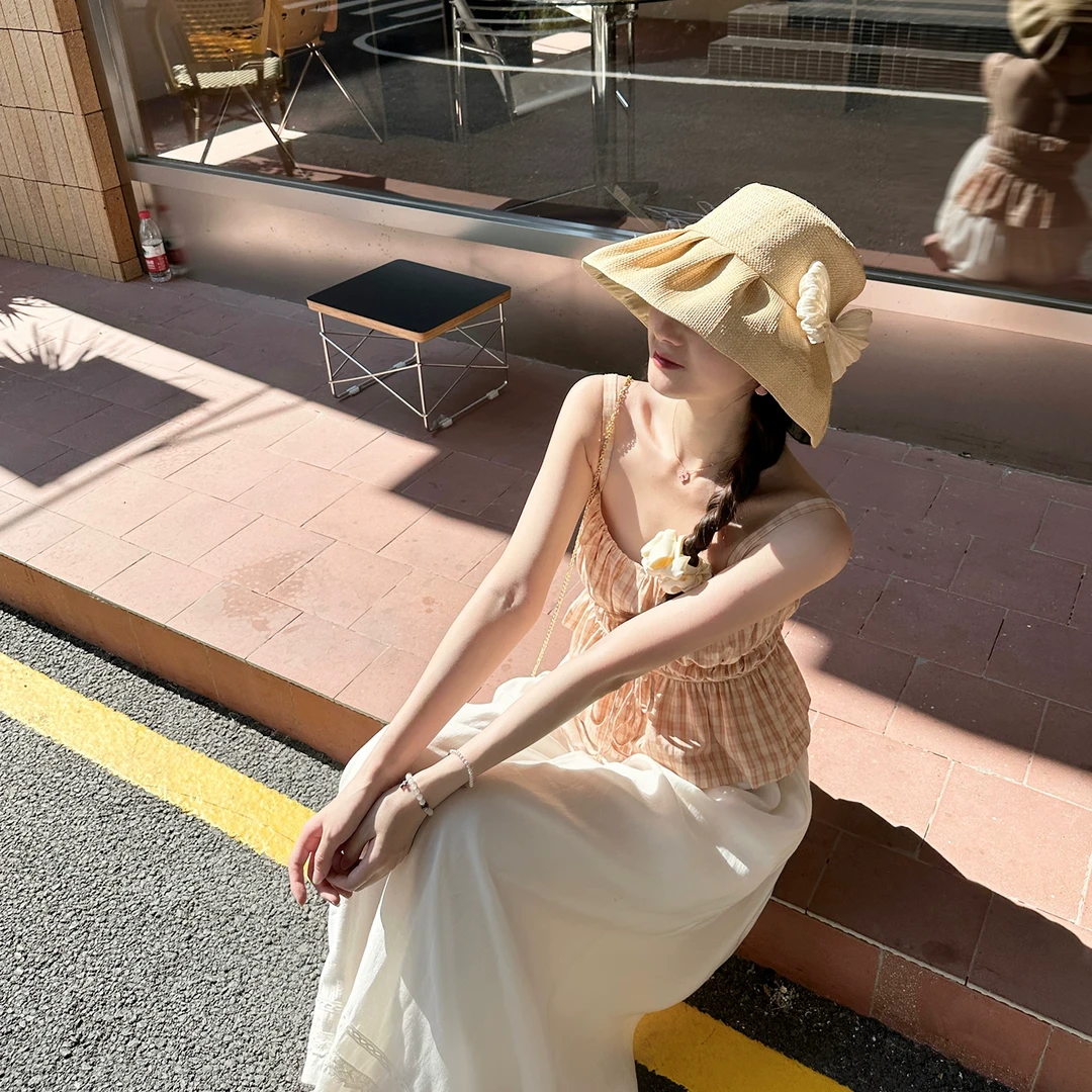 4折Howalook 夏日少女心事系带蝴蝶结府绸小粉格吊带腰封裙