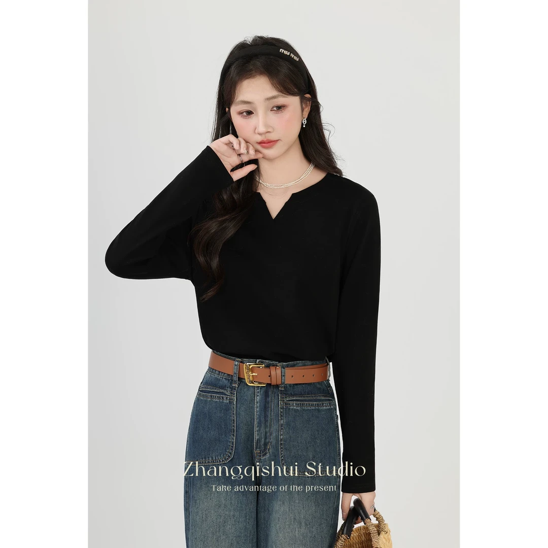 【ZBT直播间】《时光唱片机》黑色v领减龄正肩T恤显瘦上衣ZQS03855