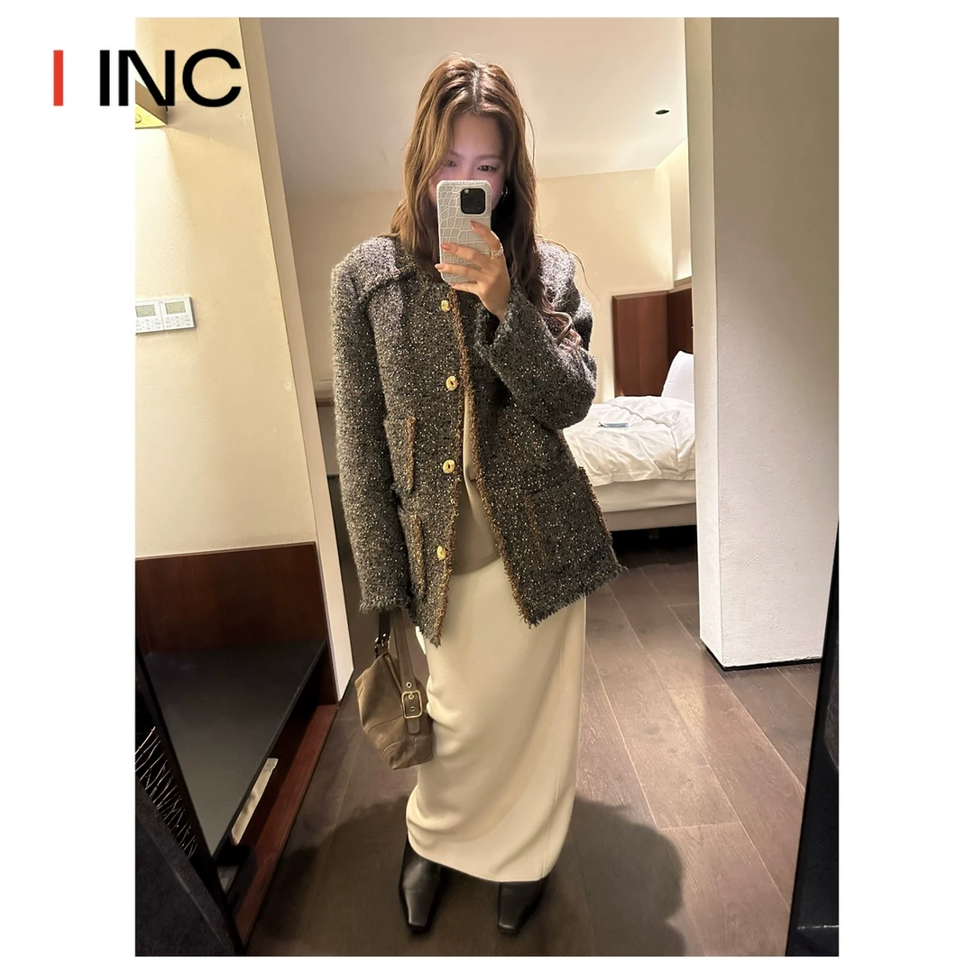 ICE DUST 24AW冬季短款毛呢外套女粗花呢小香风呢子夹克上衣 IINC