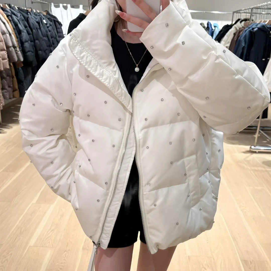 90白鸭绒冬季韩系满天星烫钻短款女加厚保暖羽绒服外套