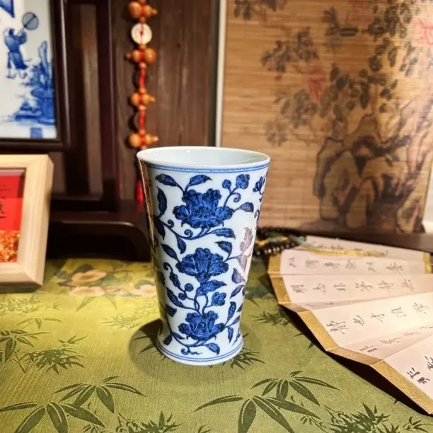 且斋慕明青花茶菊牡丹战国水晶杯大可乐杯冰桶茶杯品茗杯茶具陶瓷