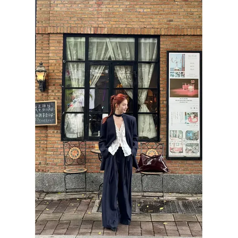 韩系穿搭套装女2025气质内搭蕾丝背心黑色西装外套炸街休闲阔腿裤