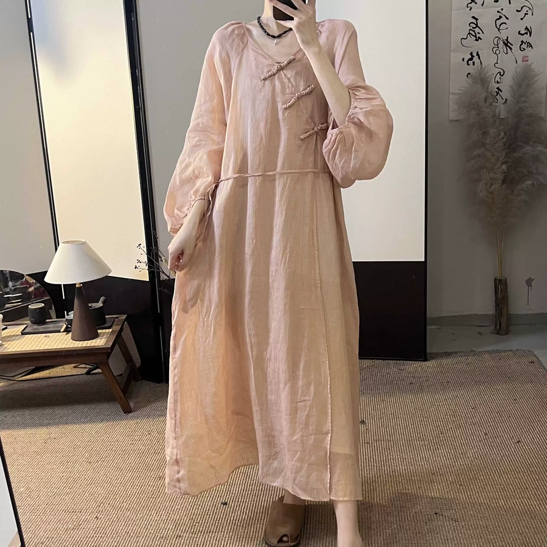 半自由夏季新款新中式国风禅意连衣裙女复古盘扣两件套带吊带内衬