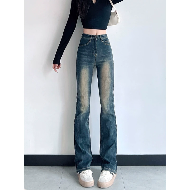 2025年春季复古蓝高腰弹力直筒牛仔裤女175高个子加长显瘦拖地裤