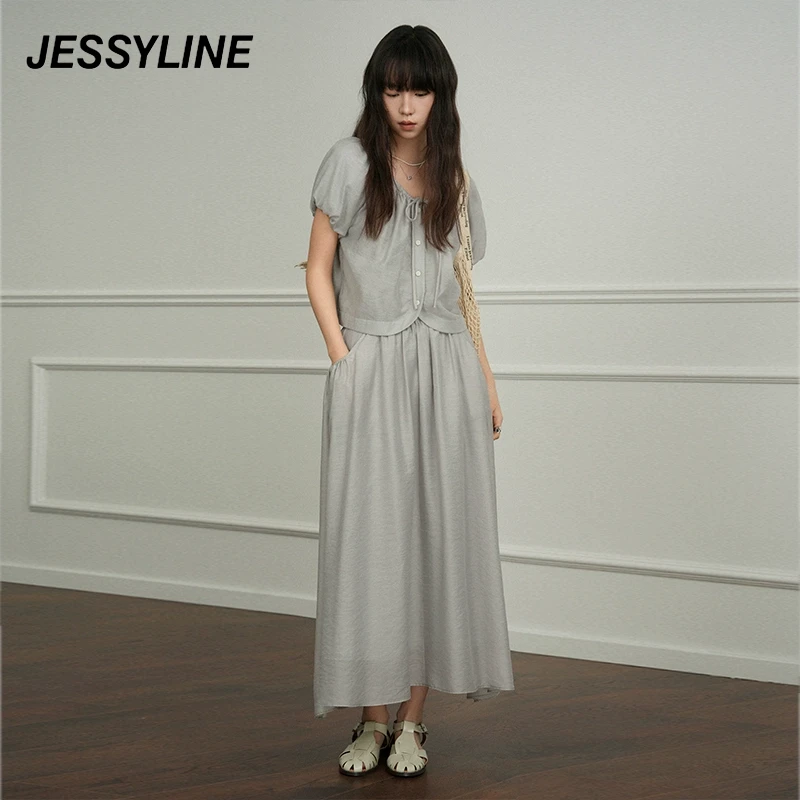 jessyline2025夏季新款 杰茜莱灰色衬衫半身裙套装格雷系欧若风