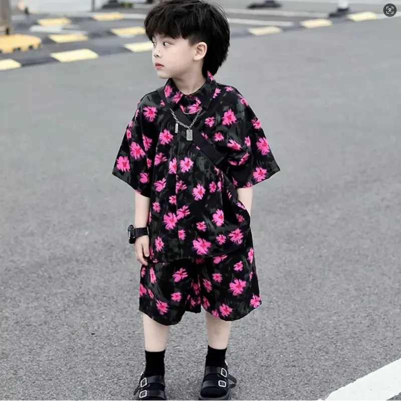 男童痞帅小中大童夏季儿童韩版薄款碎花时尚潮短袖衬衫两件套装