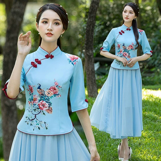 民国中式复古茶楼服半身裙套装女中国风唐装修身大码改良旗袍上衣