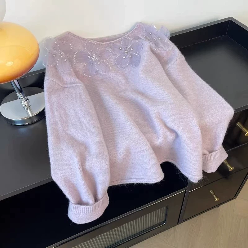 【新年穿搭】微胖妹妹大码立体花朵V领烫钻毛衣女宽松显瘦针织衫潮