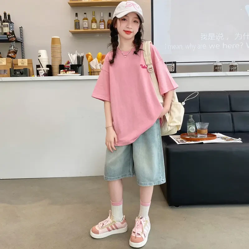 T恤女童洋气短袖夏季套装2025新款儿童大童上衣夏装牛仔短裤童装