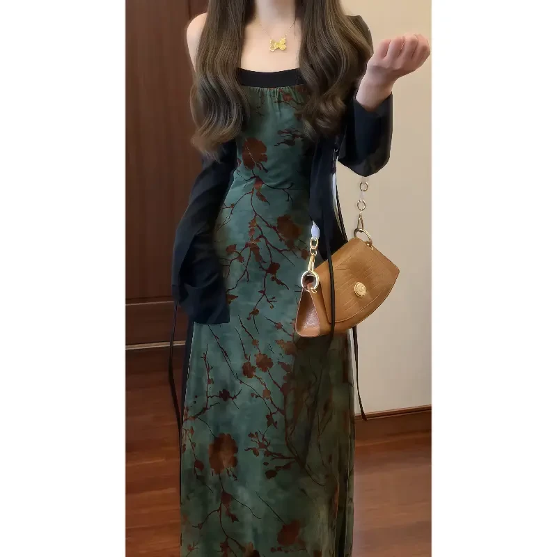 新中式国风扎染植绒吊带连衣裙气质长裙&防晒空调针织开衫9778
