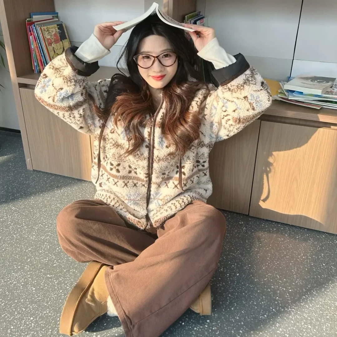 韩系费尔岛复古撞色拼花立领加厚保暖毛绒外套女冬季百搭休闲短款