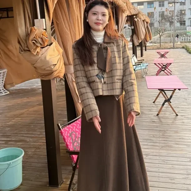 秋冬加厚小香风韩系套装女翻领短外套高腰半身裙法式千金风两件套