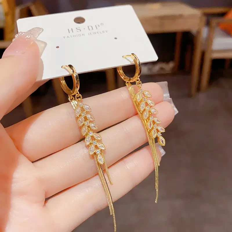 老凮凰9999纯银耳饰时尚锆石麦穗流苏耳扣高级感耳环