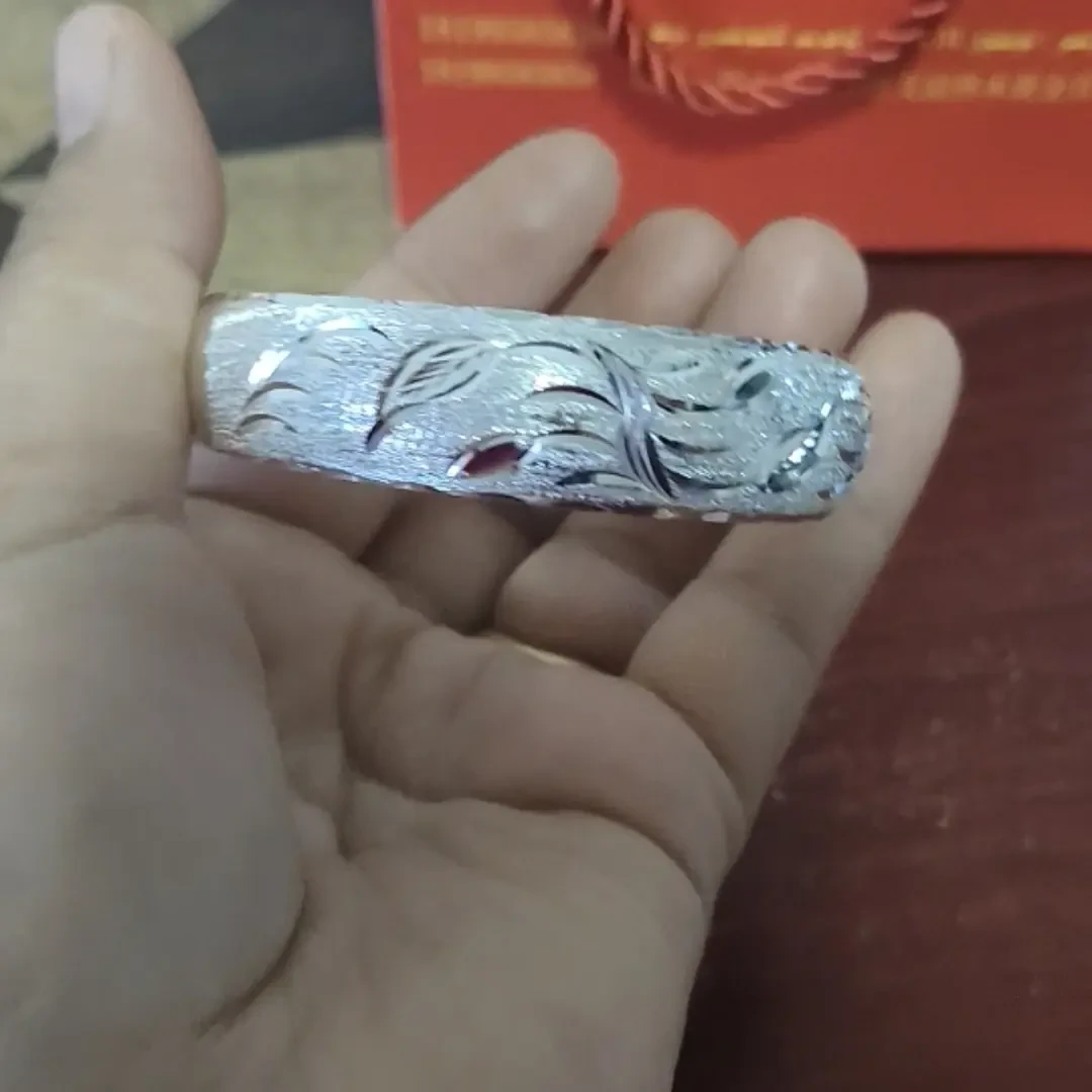 足银手镯 足银9999莲花雕花宽版开口复古洋气手镯