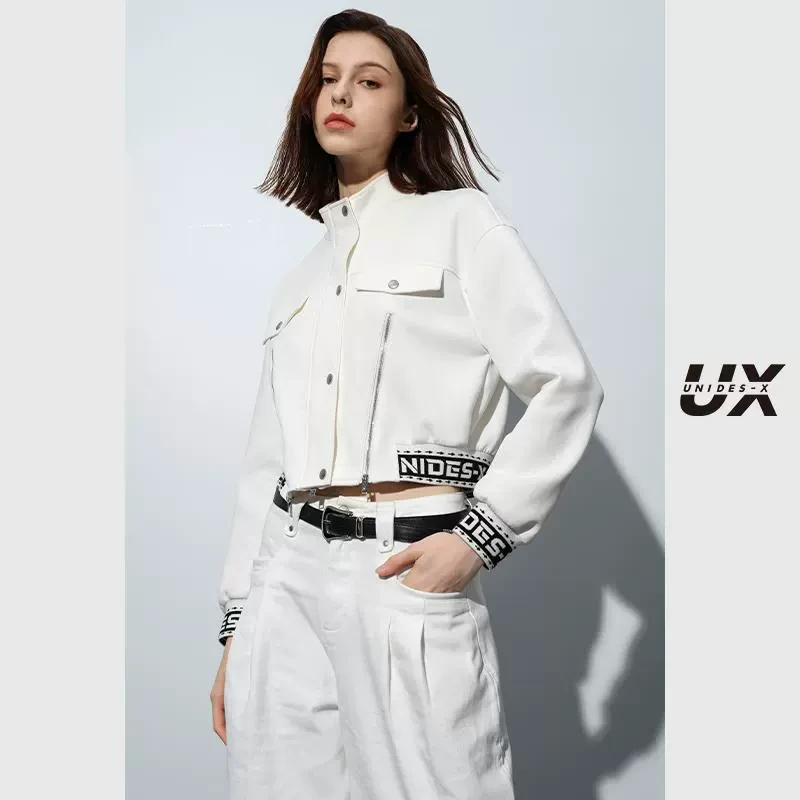 UX2025新款 白色长袖翻领拉链外套女